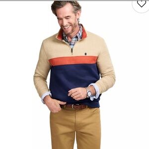 Izod Men's Beige, Orange, and Navy Zip-Up Sweater